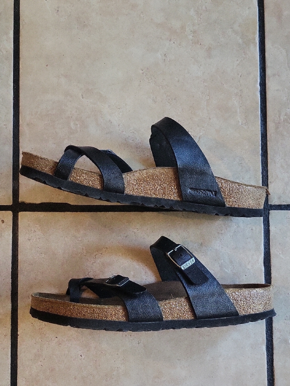Birkenstock Black Leather Cork Footbed Slide Sandals
